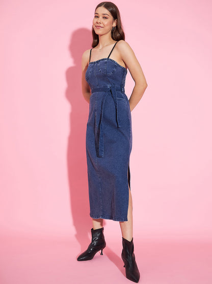 Women's Denim Corset Style Padded Maxi Dress