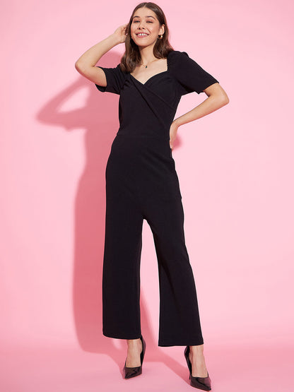 Women's Front Pleat Black Polyester Lycra Jumpsuit