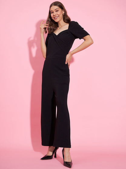 Women's Front Pleat Black Polyester Lycra Jumpsuit