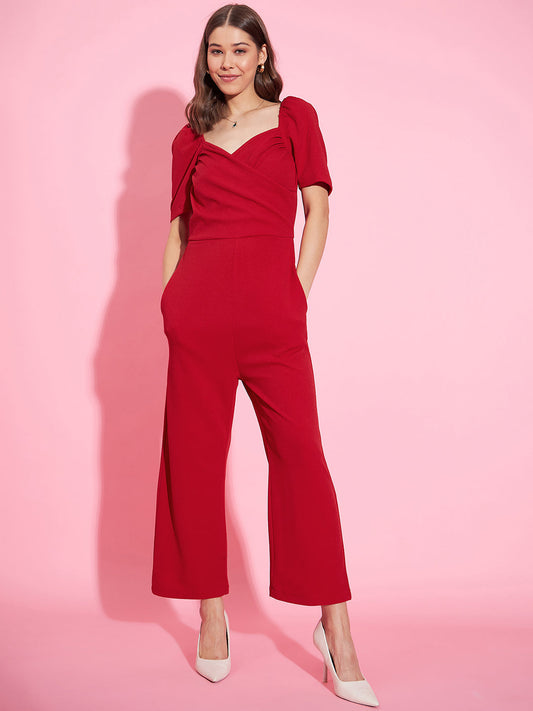 Women's Front Pleat Red Polyester Lycra Jumpsuit