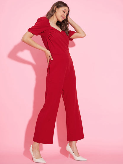 Women's Front Pleat Red Polyester Lycra Jumpsuit
