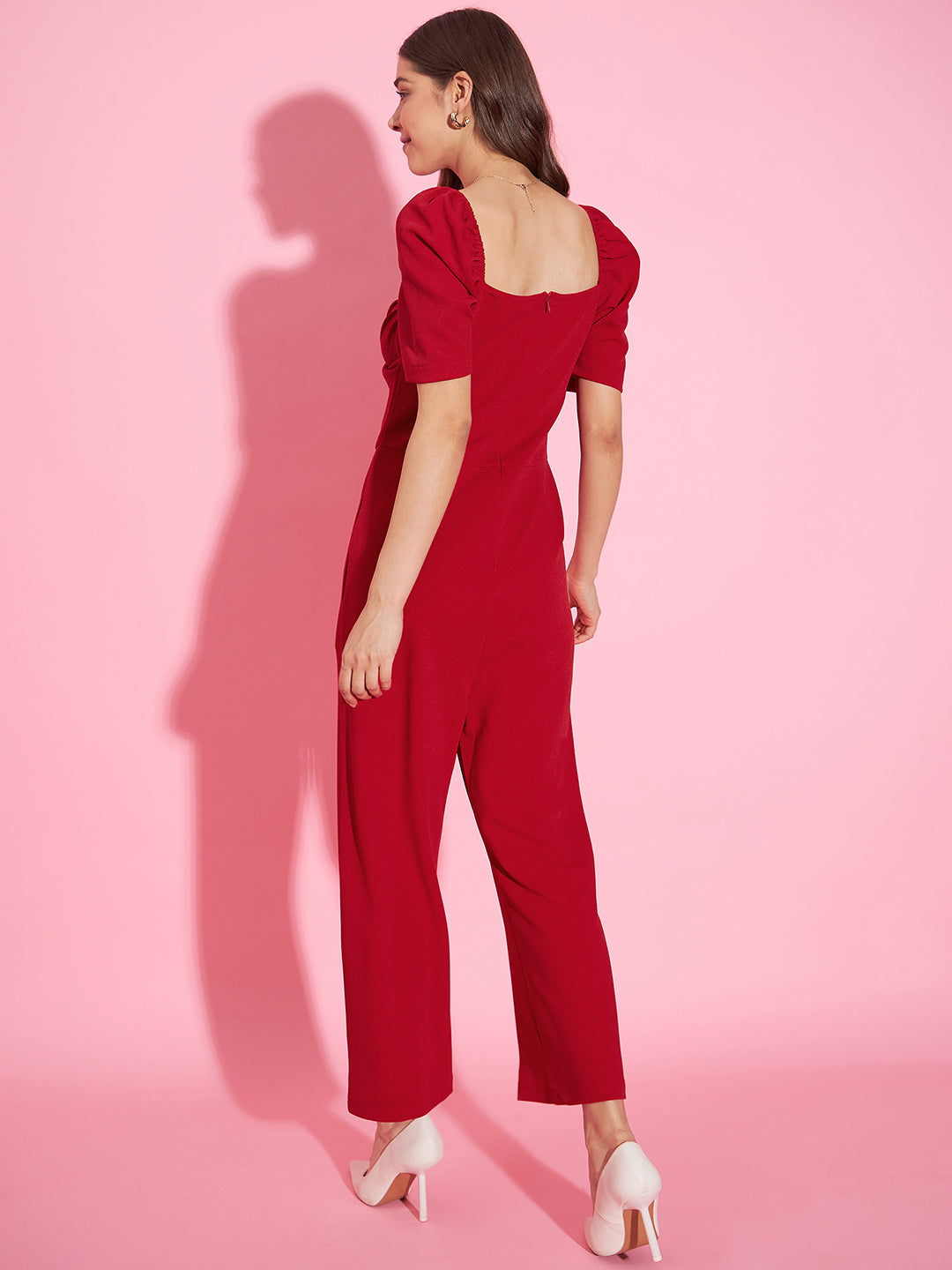 Women's Front Pleat Red Polyester Lycra Jumpsuit