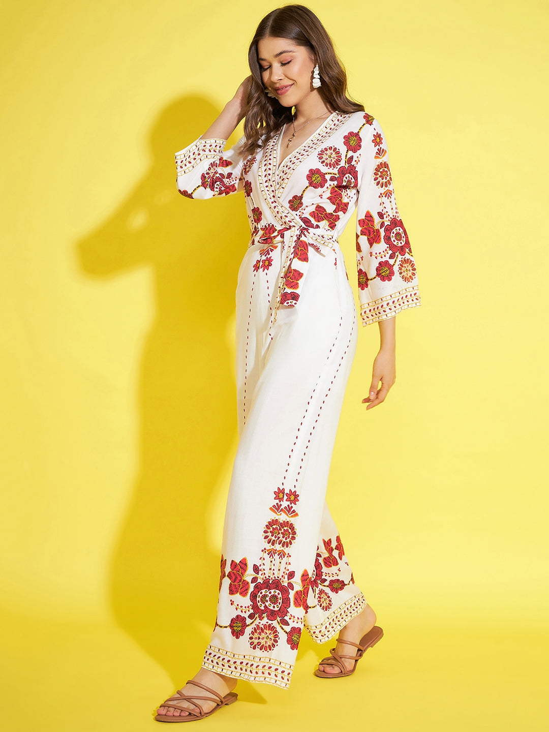 Women's Printed Cream & Red Jumpsuit