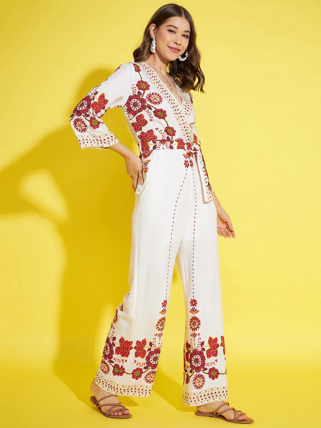 Women's Printed Cream & Red Jumpsuit