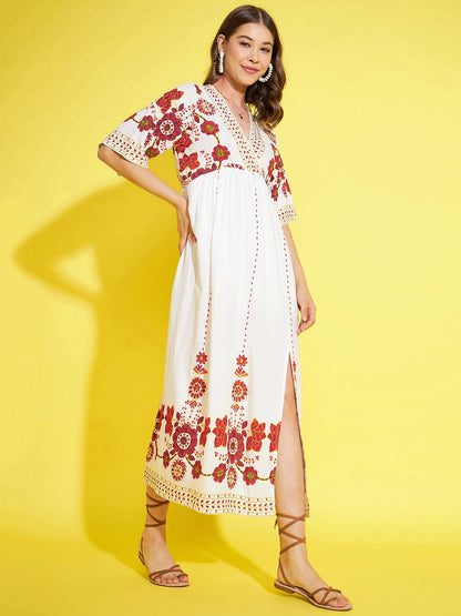 Women's Cream & Red Printed Dress