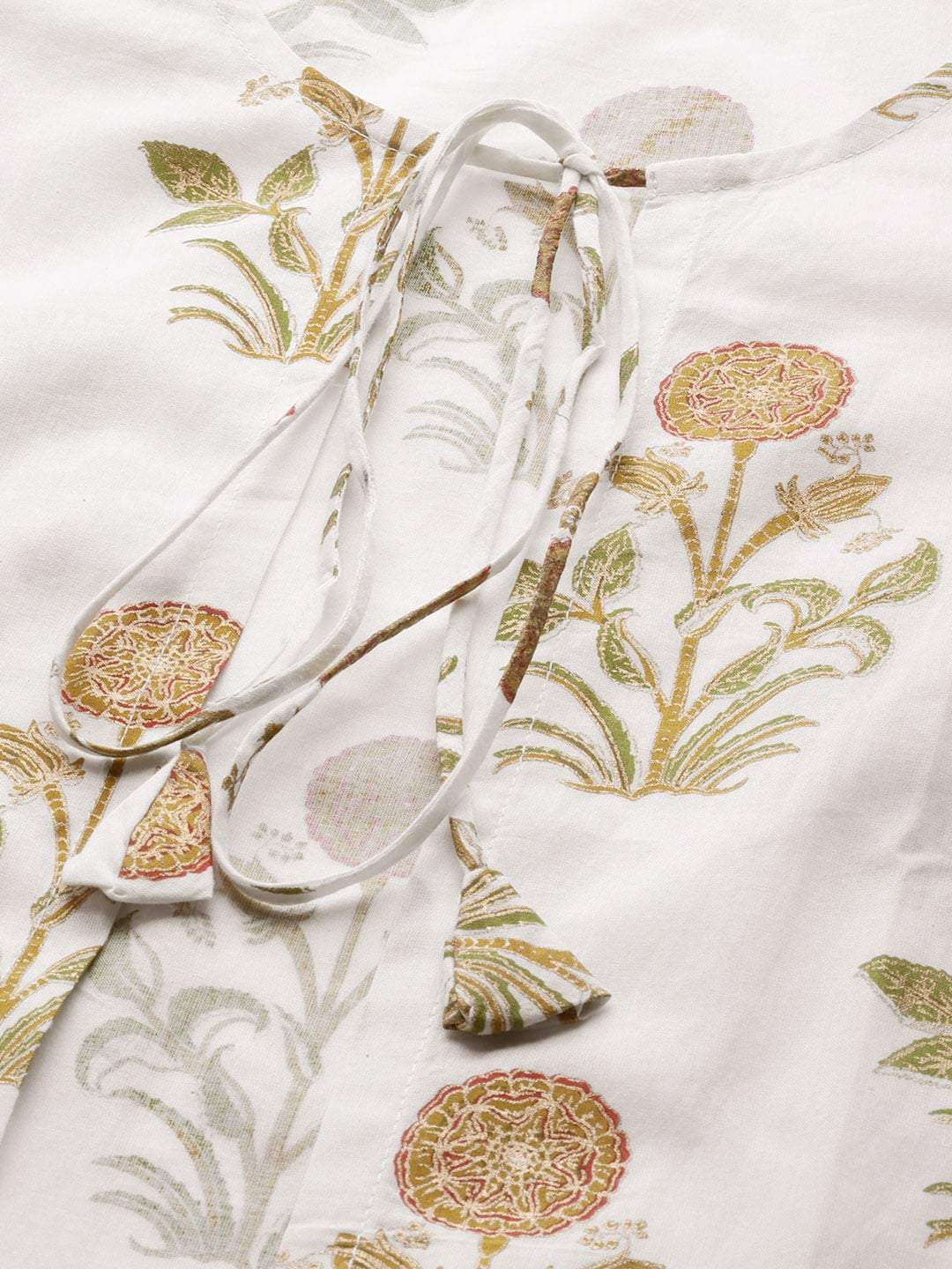 Women's  White & Olive Green Foil Printed Kurta with Palazzos & Ethnic Jacket