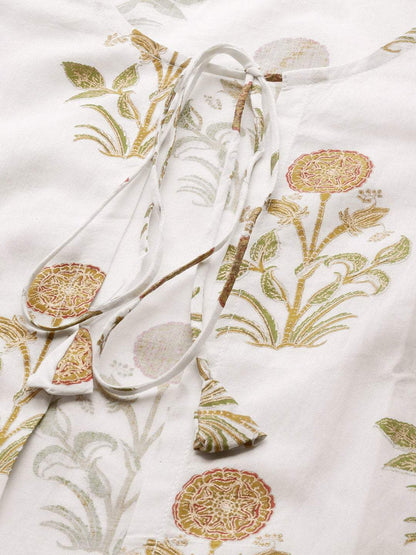 Women's  White & Olive Green Foil Printed Kurta with Palazzos & Ethnic Jacket