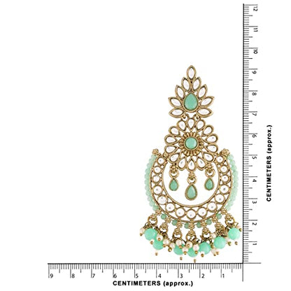 Women's 18K Gold Plated Handcrafted Earrings With Maang Tikka Encased with Faux Kundan & Pearl