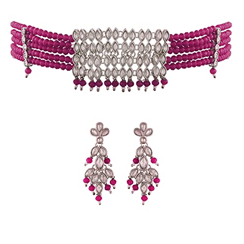 Women's Silver Plated Pink Crystal Beads with Stone Studded Choker Necklace Set
