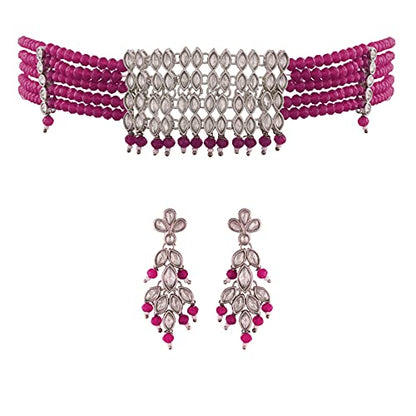 Women's Silver Plated Pink Crystal Beads with Stone Studded Choker Necklace Set