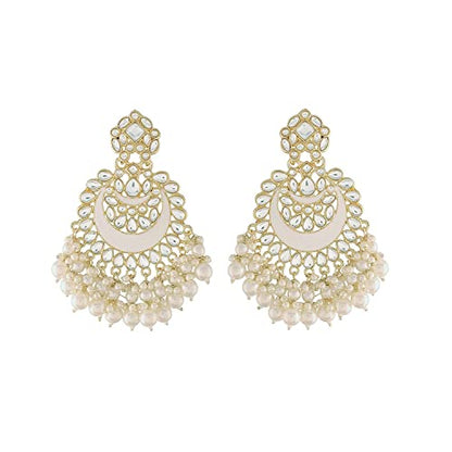 Women's 18K Gold Plated Intricately Designed Traditional Meenakari Chandbali Earrings Glided With Kundans & Pearls (E306W)