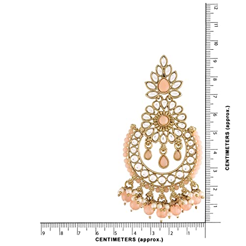 Women's 18K Gold Plated Handcrafted Earrings With Maang Tikka Encased with Faux Kundan & Pearl