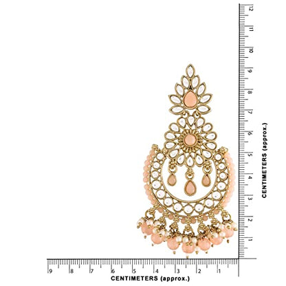 Women's 18K Gold Plated Handcrafted Earrings With Maang Tikka Encased with Faux Kundan & Pearl