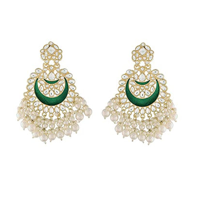 Women's 18K Gold Plated Intricately Designed Traditional Meenakari Chandbali Earrings Glided With Kundans & Pearls (E306G)