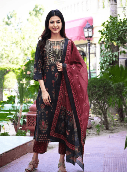 Women's Dark Green Handblock Dupatta Set