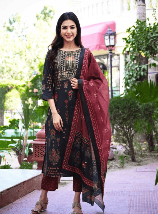 Women's Dark Green Handblock Dupatta Set