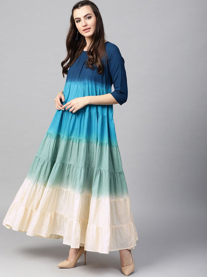 Women's  Navy Blue & Green Ombre Dyed Tiered Anarkali Kurta