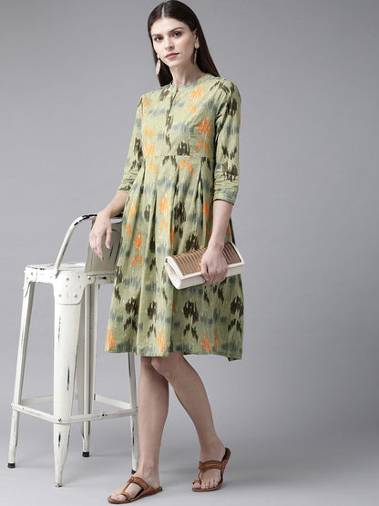 Women's  Green & Orange Printed A-Line Dress