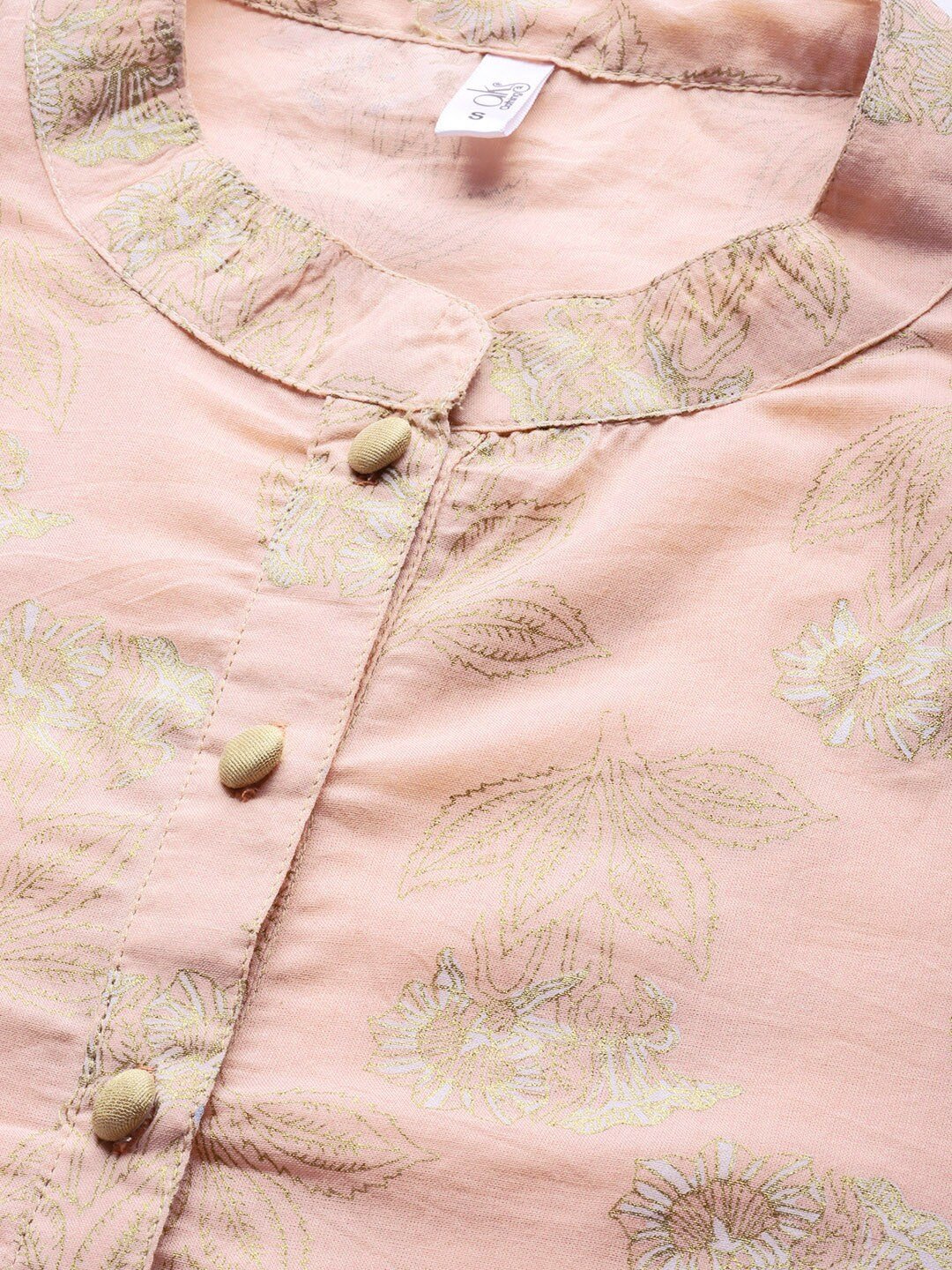 Women's  Peach-Coloured & Golden Floral Print A-Line Kurta