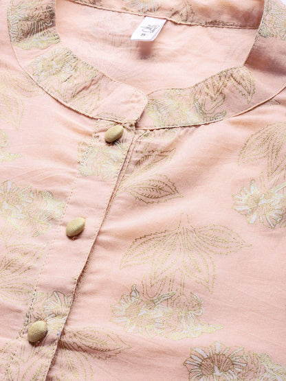 Women's  Peach-Coloured & Golden Floral Print A-Line Kurta
