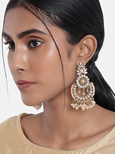Women's 18K Gold Plated Handcrafted Earrings With Maang Tikka Encased with Faux Kundan & Pearl