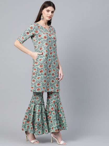 Women's  Green & Orange Printed Kurta with Sharara & Dupatta