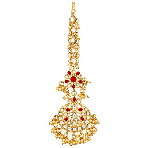 Women's Traditional Gold Plated Chandbali Kundan & Pearl Earring Set with Maang Tikka