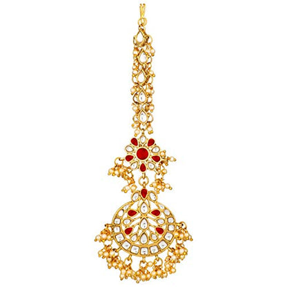 Women's Traditional Gold Plated Chandbali Kundan & Pearl Earring Set with Maang Tikka