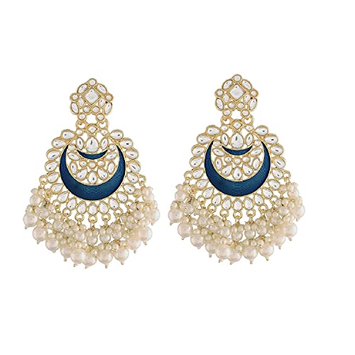 Women's 18K Gold Plated Intricately Designed Traditional Meenakari Chandbali Earrings Glided With Kundans & Pearls (E306Bl)