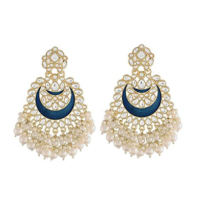Women's 18K Gold Plated Intricately Designed Traditional Meenakari Chandbali Earrings Glided With Kundans & Pearls (E306Bl)