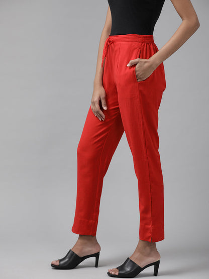 Women's Red Slim Fit Cotton Trousers