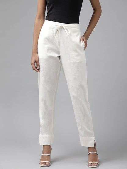 Women's White Cotton Slim Fit Trousers