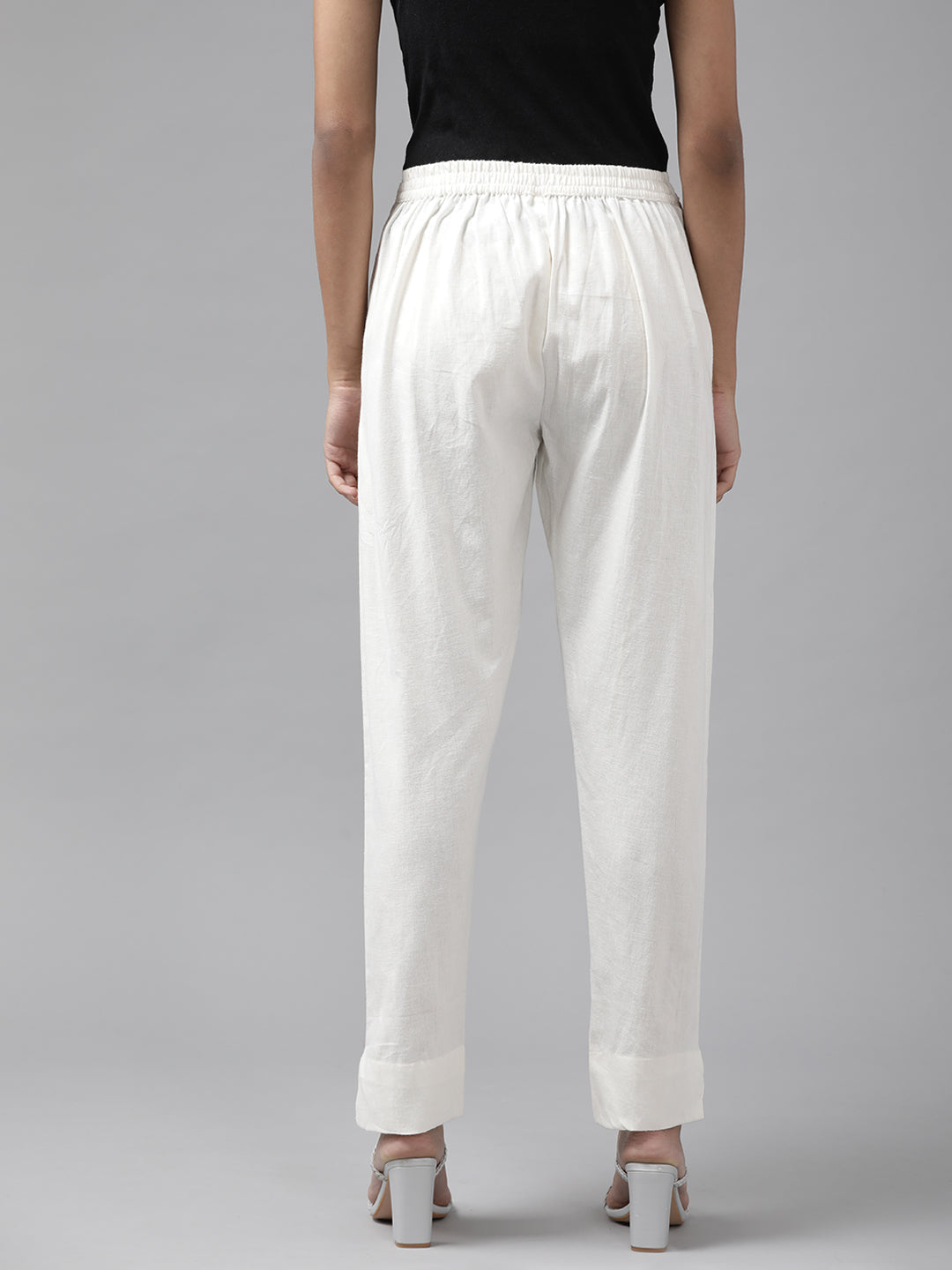Women's White Cotton Slim Fit Trousers