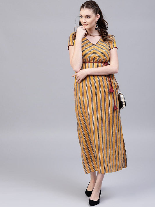Women's  Mustard Yellow & Burgundy Striped Maxi Dress