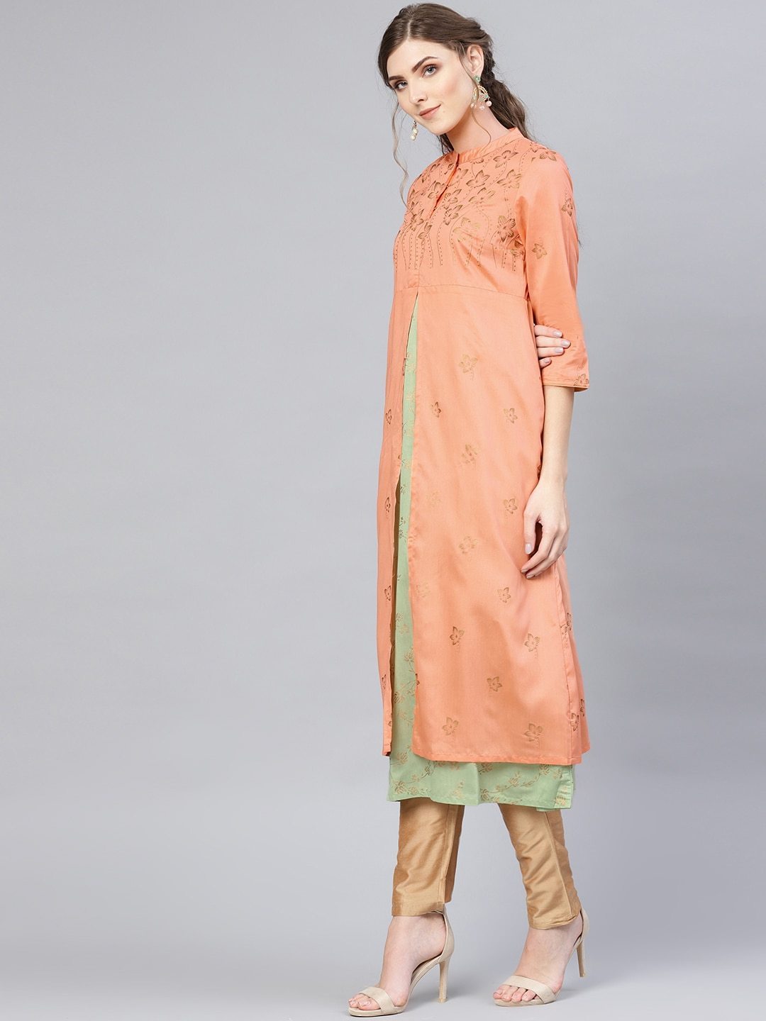 Women's  Peach-Coloured & Green Floral Printed Layered A-Line Kurta