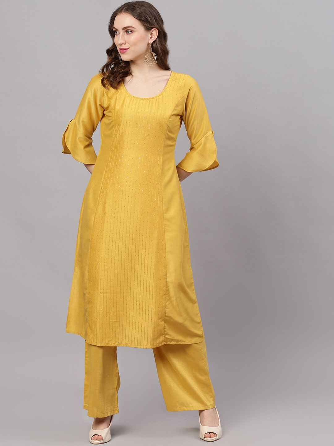 Women's  Mustard Yellow Embroidered Kurta with Palazzos
