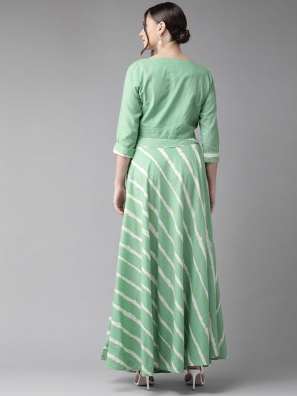 Women's  Green & White Striped Two-Piece Maxi Dress