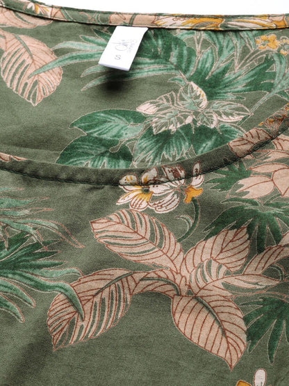 Women's  Olive Green & Beige Floral Printed Maxi Dress