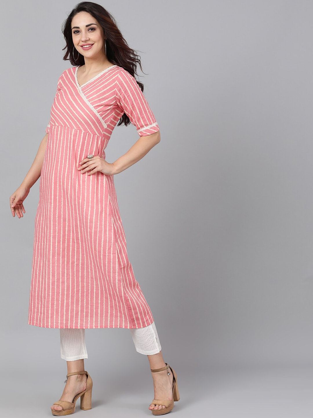 Women's  Peach-Coloured & White Striped A-Line Kurta