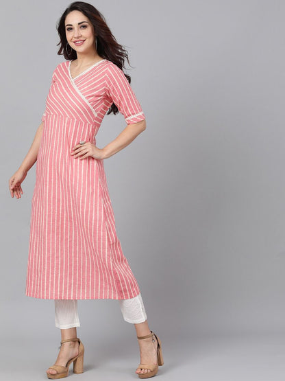 Women's  Peach-Coloured & White Striped A-Line Kurta