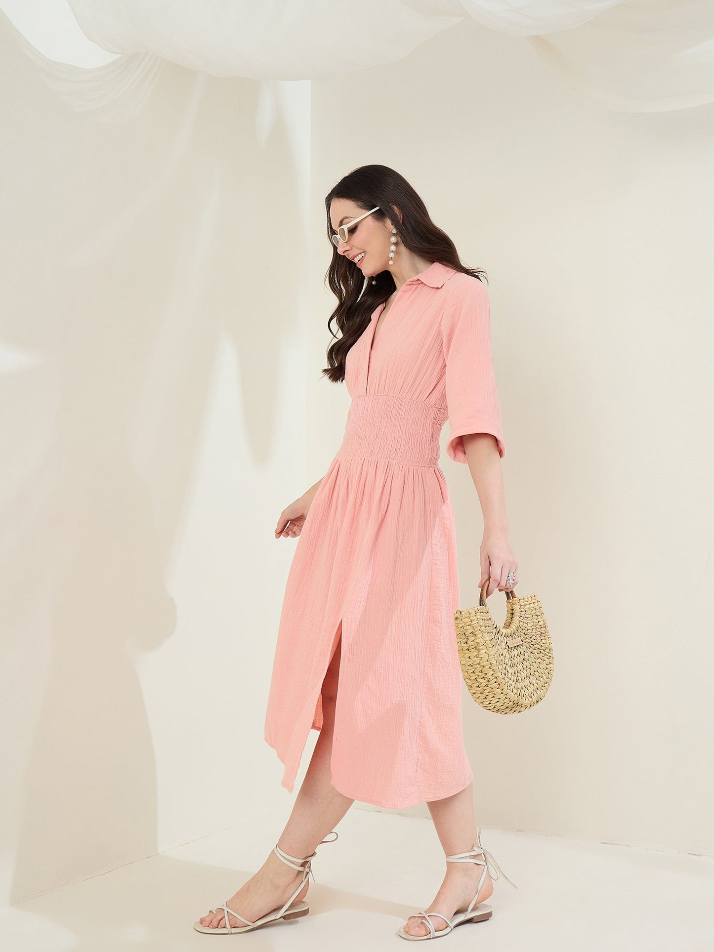 Women's Pink Dress With Self Emroidered Patch Work Detail