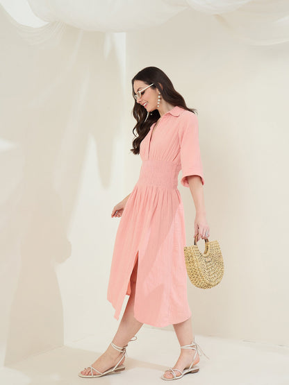 Women's Pink Dress With Self Emroidered Patch Work Detail