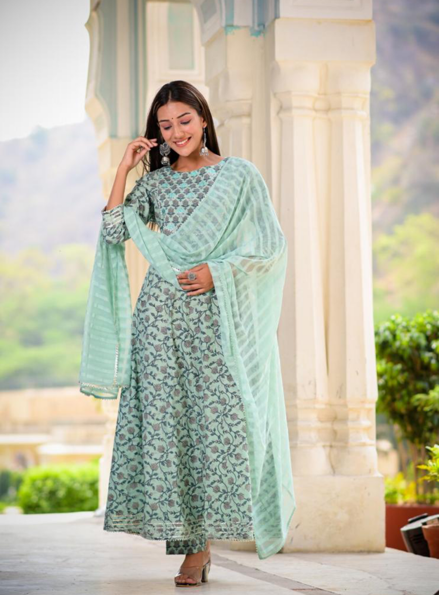 Women's Blue Handblock Dupatta Set