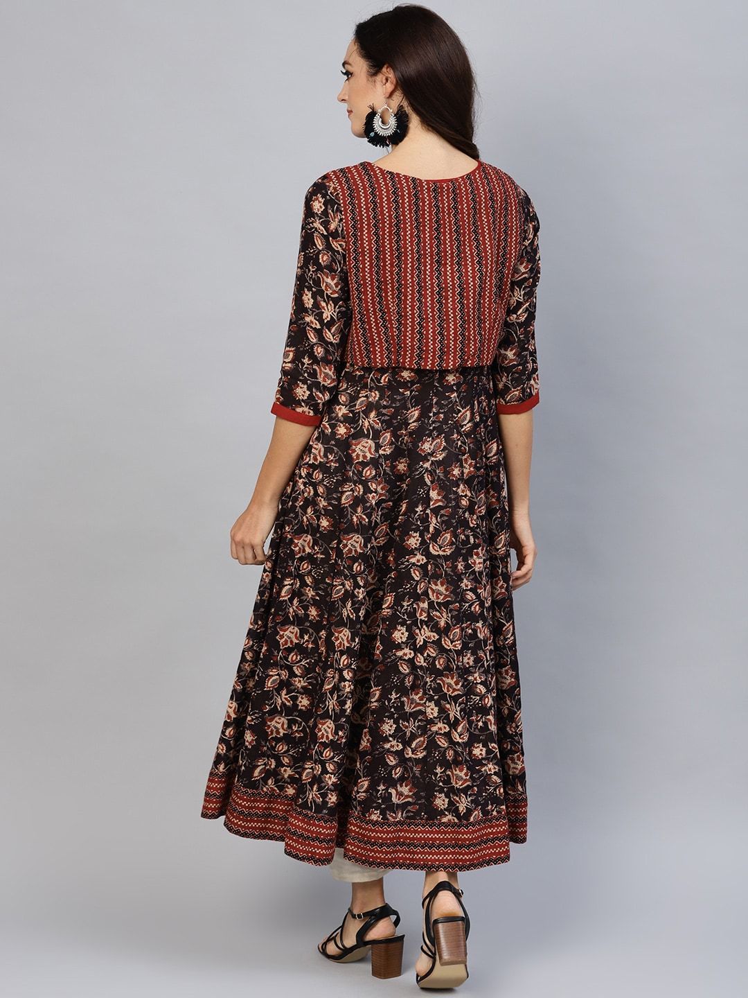 Women's  Coffee Brown & Maroon Printed Anarkali Kurta with Ethnic Jacket