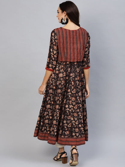 Women's  Coffee Brown & Maroon Printed Anarkali Kurta with Ethnic Jacket