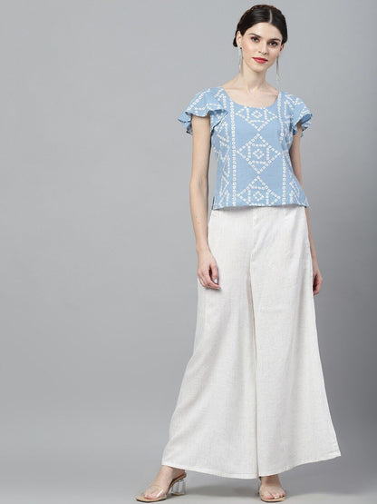 Women's  White Self Design Flared Palazzos