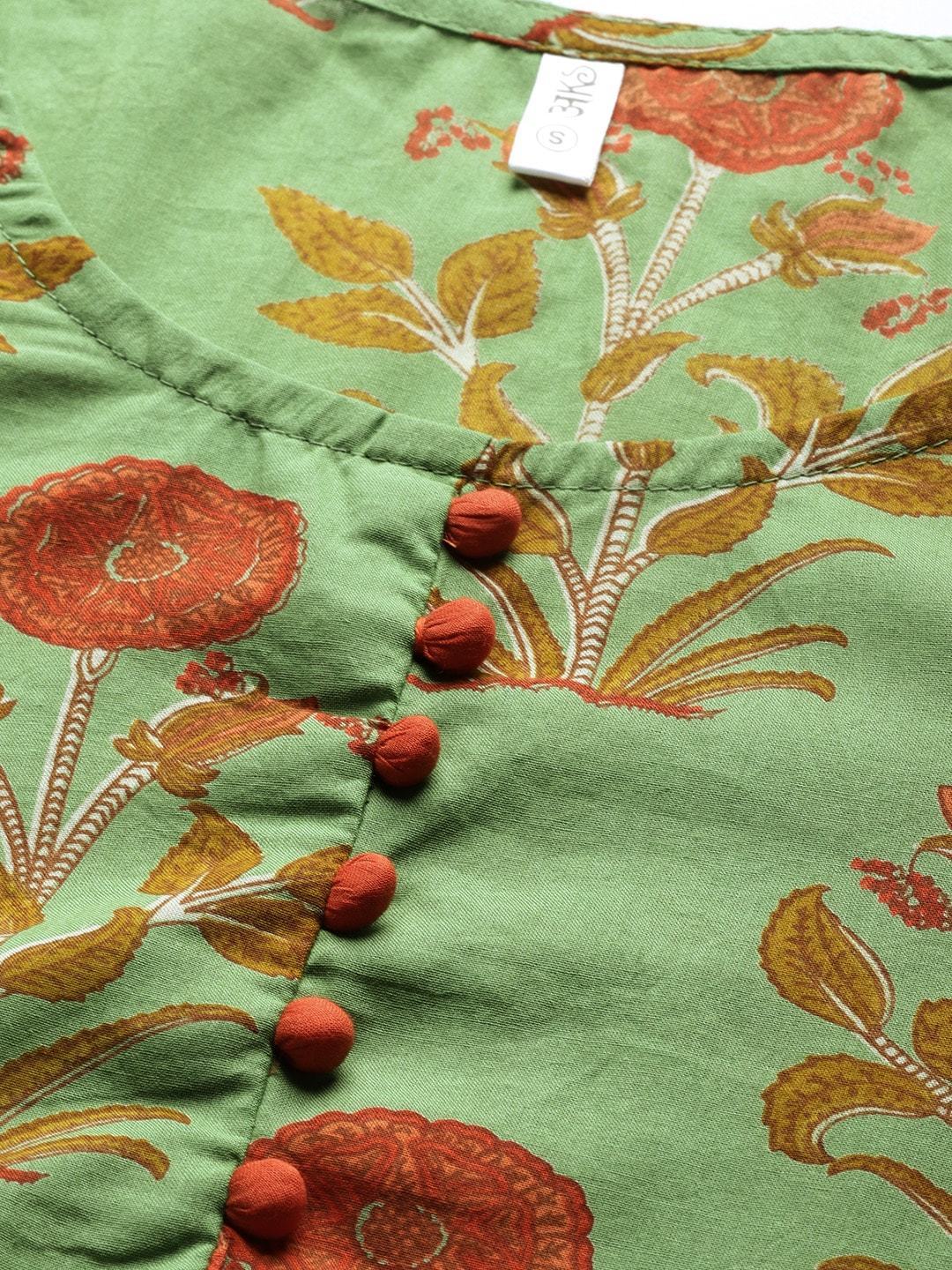 Women's  Green & Orange Floral Print Maxi Dress