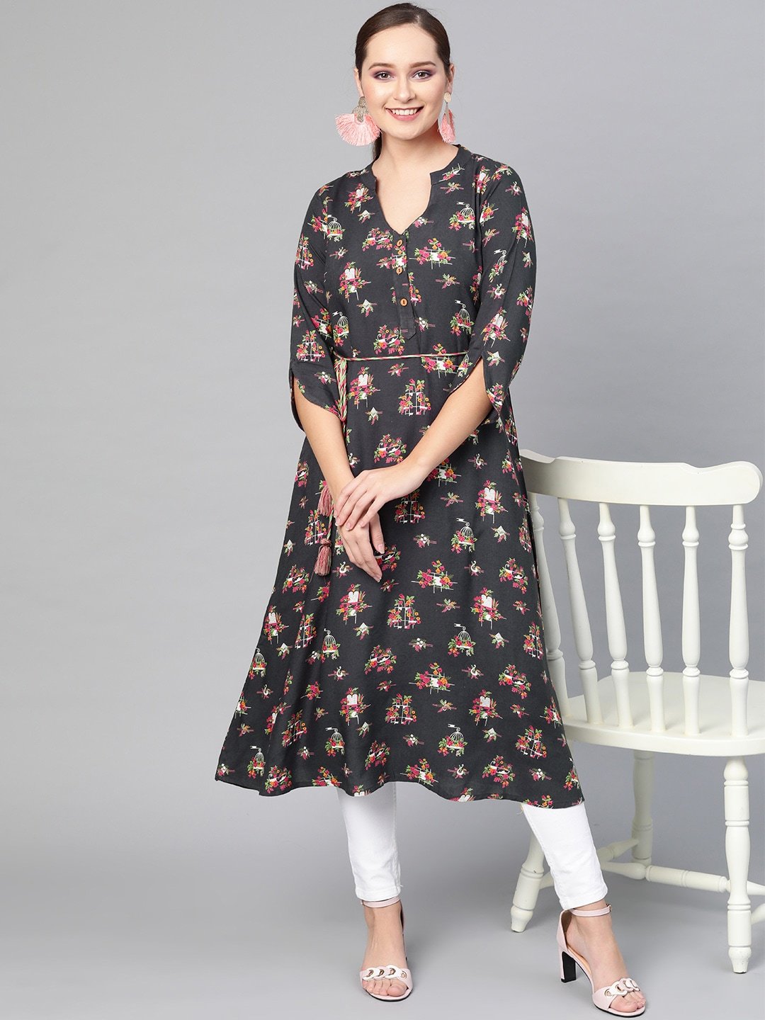 Women's  Grey & Pink Printed A-Line Kurta