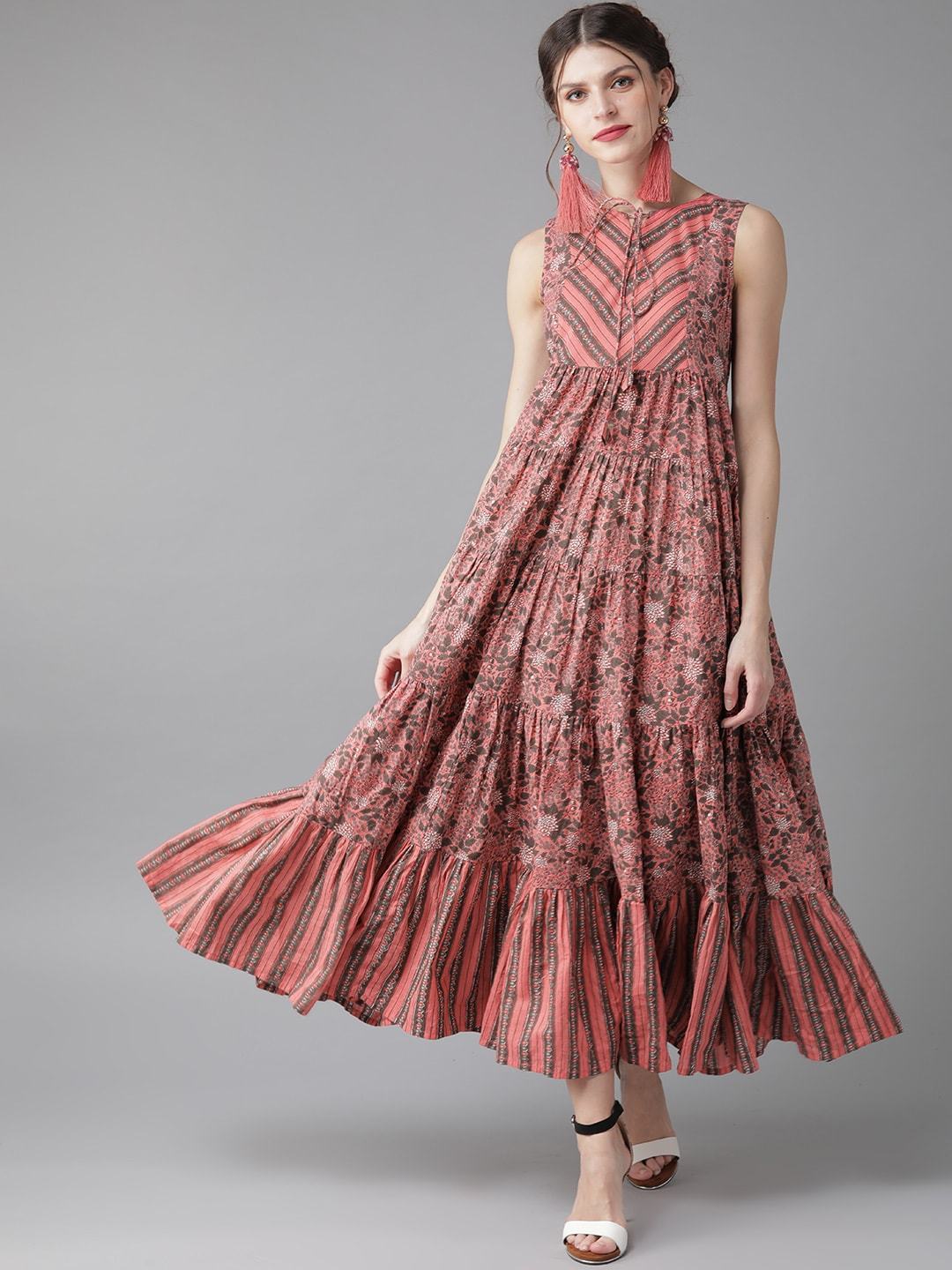 Women's  Pink & Charcoal Grey Printed Maxi Dress