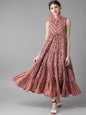 Women's  Pink & Charcoal Grey Printed Maxi Dress